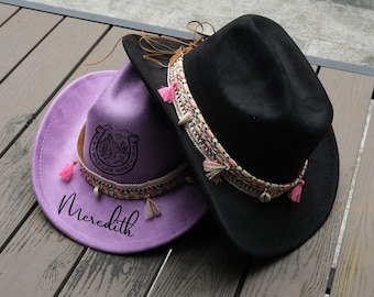 Personalized Vegan Suede Cowboy Hat, Engraved Pattern Fedora, Vintage Wide-Brimmed Hat, Adjustable Size, Western Hat