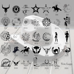 May include: A white cowboy hat with various black graphic designs, including stars, horses, and floral elements. The hat features a selection of personalized logos and text options, perfect for customization.