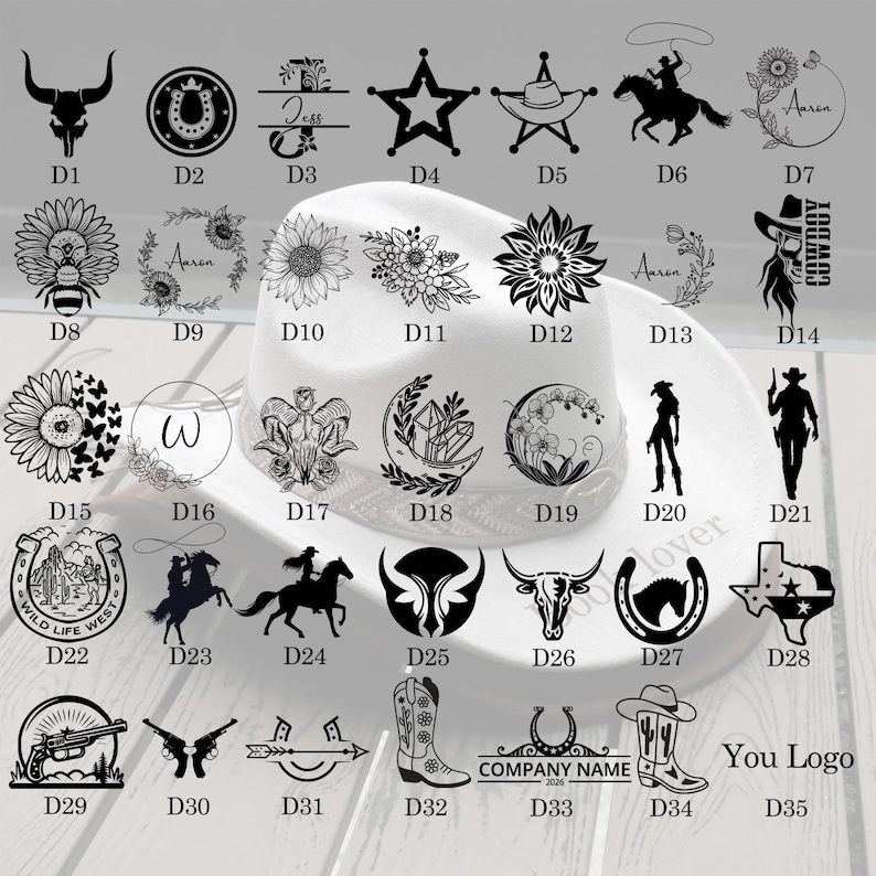 May include: A white cowboy hat with various black graphic designs, including stars, horses, and floral elements. The hat features a selection of personalized logos and text options, perfect for customization.