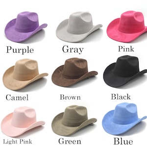 May include: A collection of cowboy hats in various colors, including purple, gray, pink, camel, brown, black, light pink, green, and blue. Each hat has a classic brim and crown design. The colors are labeled below each hat.