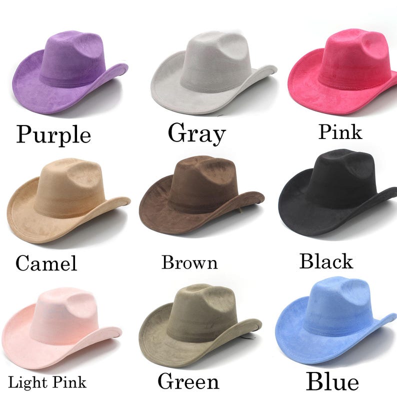 May include: A collection of cowboy hats in various colors, including purple, gray, pink, camel, brown, black, light pink, green, and blue. Each hat has a classic brim and crown design. The colors are labeled below each hat.