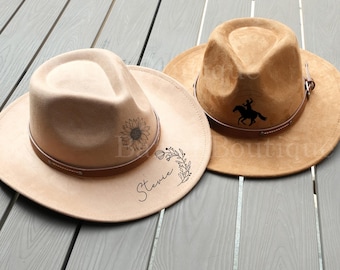 Leather Cowboy Hat, Burnt Cowboy Hat, Bohemian Hat, Wide Brim Hat, Western Cowboy Hat, Carved Felt Hat, Party Cowboy Hat