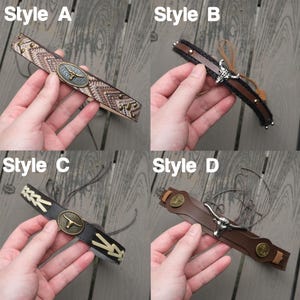 May include: Four different styles of chokers are displayed. Style A features a snakeskin pattern with gold studs and a bull head emblem. Style B has a braided black and brown design with a bull head. Style C is black with a cream-colored design and a bull head. Style D is brown with a bull head.
