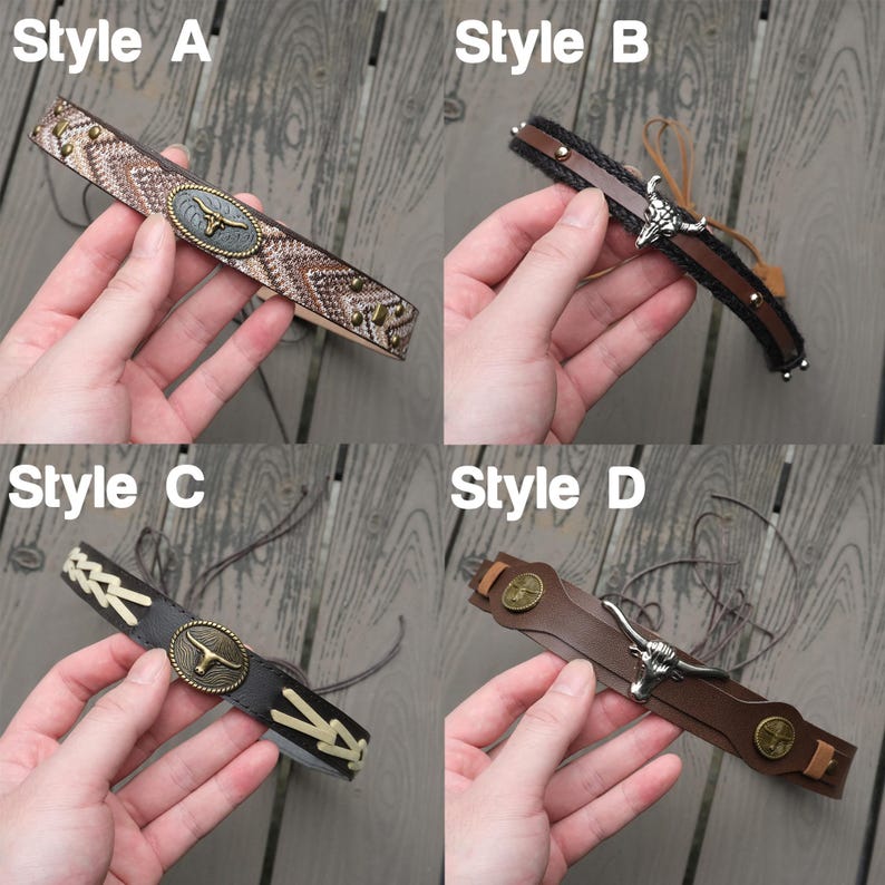 May include: Four different styles of chokers are displayed. Style A features a snakeskin pattern with gold studs and a bull head emblem. Style B has a braided black and brown design with a bull head. Style C is black with a cream-colored design and a bull head. Style D is brown with a bull head.