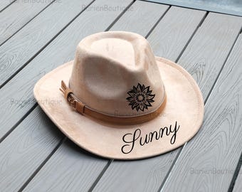Floral Burned Hat, Floral Engraved Cowboy Hat, Sunflower Hat, Sunflower Burned Fedora, Engraved Suede Hat, Boho Hat, Vegan Suede