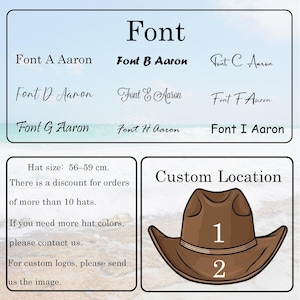 May include: Image showcasing various font styles labeled A through I, with the word "Font" at the top. A brown cowboy hat illustration is featured, with numbers 1 and 2. The text indicates hat sizes of 56-59 cm.