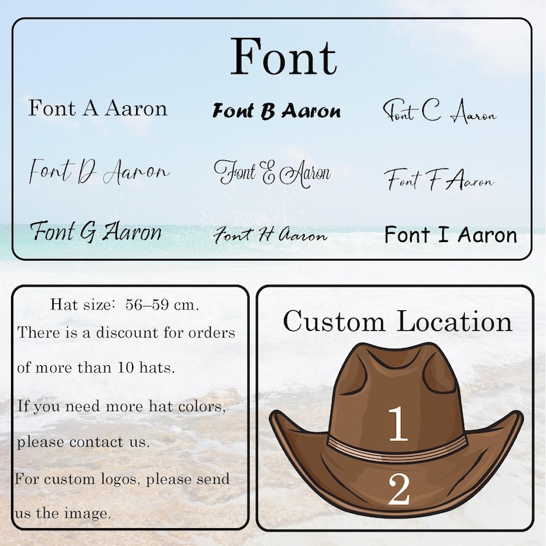 May include: Image showcasing various font styles labeled A through I, with the word "Font" at the top. A brown cowboy hat illustration is featured, with numbers 1 and 2. The text indicates hat sizes of 56-59 cm.