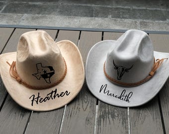 Vegan suede cowboy hat, engraved logo fedora, personalized wide-brimmed hat, the perfect gift for mother.