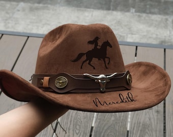 Vegan Suede Cowboy, Engraved Pattern Cowboy Hat, 4 Hood Trim, Vintage Fedora, Adjustable Size, Western Style Hat