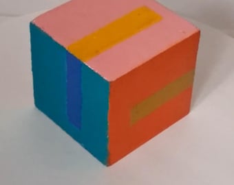 Color-Edge Study 02 - Hand-Painted Wooden Cube Sculpture