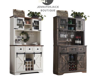 Rustic farmhouse bar cabinet: antique white finish, sliding barn door, wine rack, 3 drawers, 12 shelves - stylish and functional!