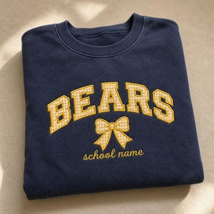 Op maat gemaakte trui met geborduurde applicaties en universiteitsnaam, ronde hals met patchworkletters, afstudeercadeau