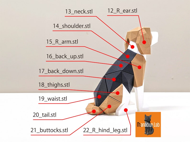 May include: A geometric, 3D-printed beagle dog figurine. The dog is composed of various triangular and rectangular shapes in white, black, and tan. The image includes labels pointing to different parts of the dog and the "Thanabun Lab" logo.