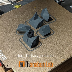May include: A 3D printer bed with several dark gray geometric shapes. The shapes vary in design, including angular and faceted forms. The text "dog_Tertiary_color.stl" and the logo for "Ihanabun Lab" are visible.