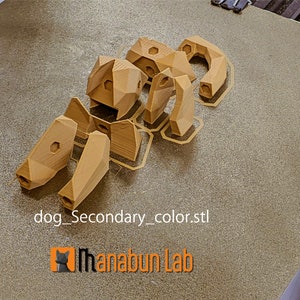 May include: A disassembled wooden dog model, 3D printed in light brown. The pieces are arranged on a textured surface. The file name "dog_Secondary_color.stl" is visible, along with the "Ihanabun Lab" logo.