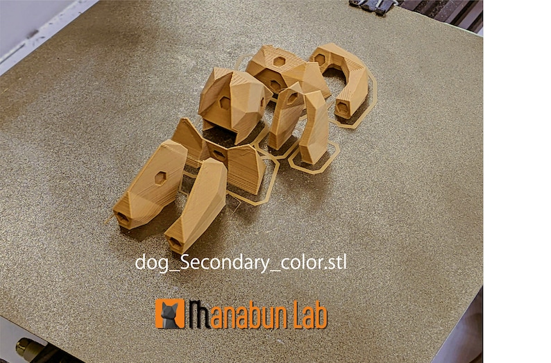 May include: A disassembled wooden dog model, 3D printed in light brown. The pieces are arranged on a textured surface. The file name "dog_Secondary_color.stl" is visible, along with the "Ihanabun Lab" logo.