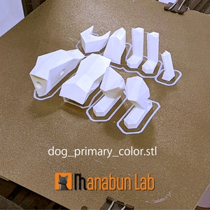 May include: White 3D-printed dog parts arranged on a brown surface. The parts are in various shapes, including the head, body, and legs. The text "dog_primary_color.stl" and "Manabun Lab" are visible.