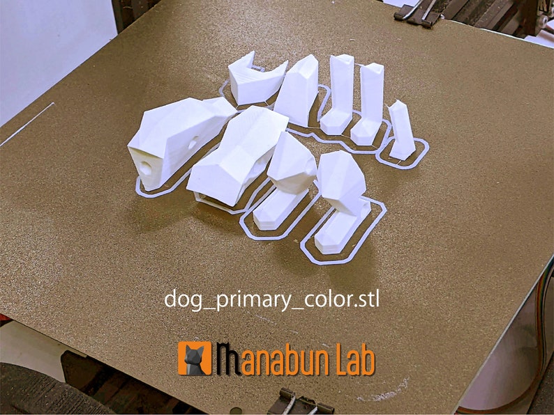 May include: White 3D-printed dog parts arranged on a brown surface. The parts are in various shapes, including the head, body, and legs. The text "dog_primary_color.stl" and "Manabun Lab" are visible.