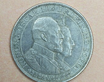 1907 SWEDEN King Oscar II Wedding to Lady Sophia OLD Silver 2 Kronor