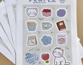 Foglio di adesivi di Pearl the Kitty con motivo floreale e cottage