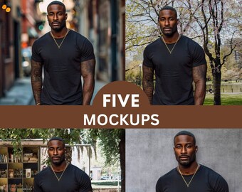 May include: Five mockups of a black t-shirt on different backgrounds. The t-shirt has a simple design and is worn by a person with a beard and tattoos.