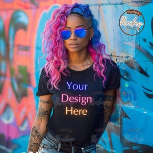 Female Urban Model Mockup, T-Shirt Mockup, Black Tshirt, Graffiti Background, Bella Canvas TShirt, Urban Mockup, PNG File, Add Your Design