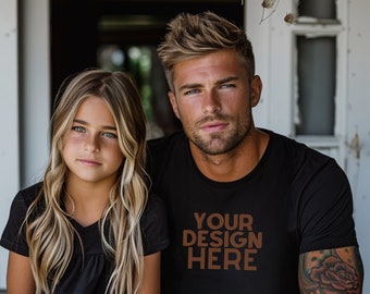 Father's Day Mockup Dad and Daughter Models Black T-Shirt Mockup Bella Canvas Add Your Design Instant Download Tee Mockup Fathers Day Shirt