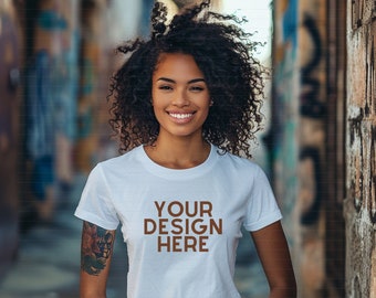 Afro American Female Model Mockup, T-Shirt Mockup, White T-shirt, African American Model, Bella Black Tee, PNG File, Add Your Design Graphic