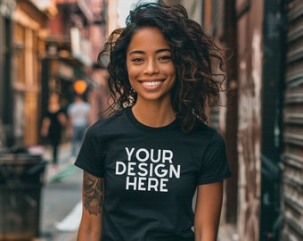 Afro American Female Model Mockup, T-Shirt Mockup, Black T-shirt, African American Model, Bella Black Tee, PNG File, Add Your Design Graphic