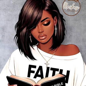 May include: Illustration of a woman with dark hair, wearing a white shirt with the word "FAITH" and a cross necklace. She is reading a book labeled "HOLY BIBLE". The image has a digital art style with a gray background.