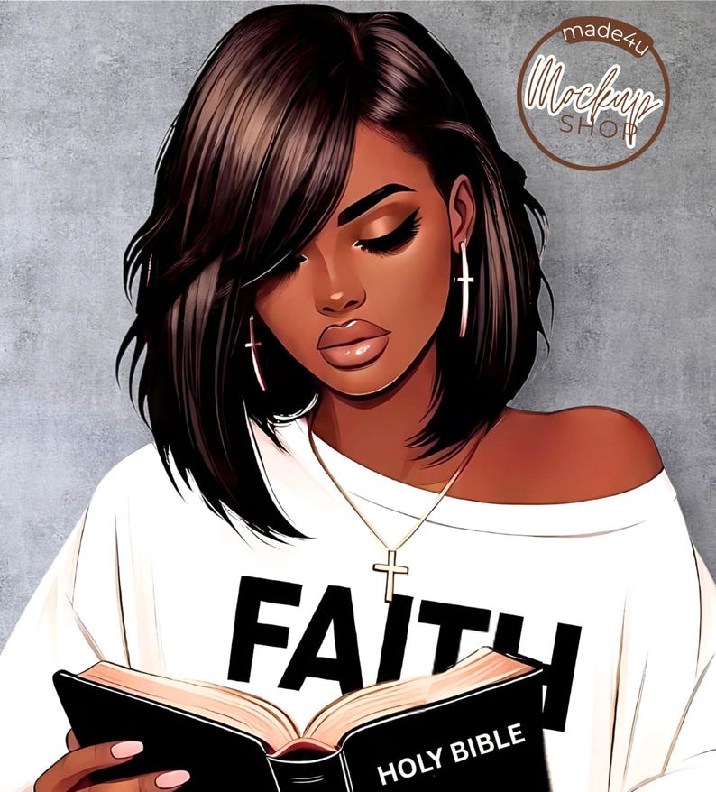 May include: Illustration of a woman with dark hair, wearing a white shirt with the word "FAITH" and a cross necklace. She is reading a book labeled "HOLY BIBLE". The image has a digital art style with a gray background.