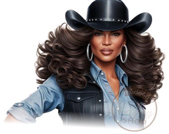 Puede incluir: Una mujer con el pelo largo y rizado castaño que lleva un sombrero de vaquero negro con tachuelas plateadas, una camisa vaquera y un chaleco de cuero negro.