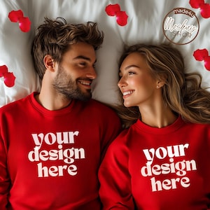 Couple Sweatshirt Valentine Mockup, Matching His and Her Shirt, Red Valentine Gildan 1800 Mockup, PNG File, Add Design, Instant Download