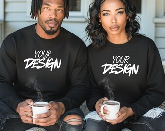 Zwart sweatshirt koppel mockup Afro-Amerikaanse modellen, voeg je ontwerp toe, merkmodel