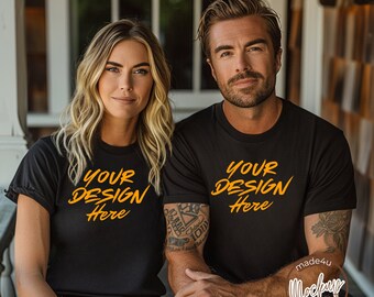 May include: Two people wearing black t-shirts with the text "Your Design Here" in orange. The couple is sitting on a porch with a wooden background.