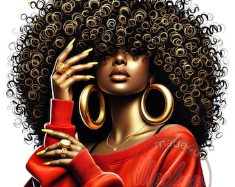 May include: A digital illustration of a woman with large, curly, black hair with gold highlights. She is wearing a red sweater, gold hoop earrings, and gold rings on her fingers. Her nails are painted yellow.