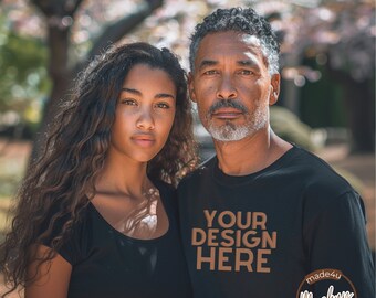 Dad and Daughter Father's Day Mockup Black Dad and Daughter Models Black T-Shirt Mockup African American Models Bella Canvas Add Your Design