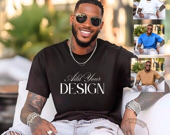 Afro American Male Bundle, T-Shirt Brand Models, African American Model, Bella Canvas, Male Mockup Bundle PNG, Add Your Design Graphic