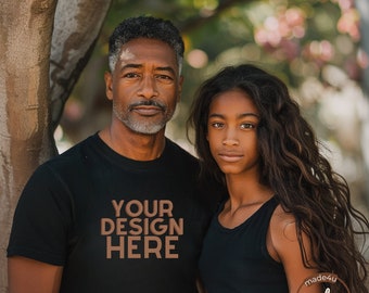 Dad and Daughter Father's Day Mockup Black Dad and Daughter Models Black T-Shirt Mockup African American Models Bella Canvas Add Your Design