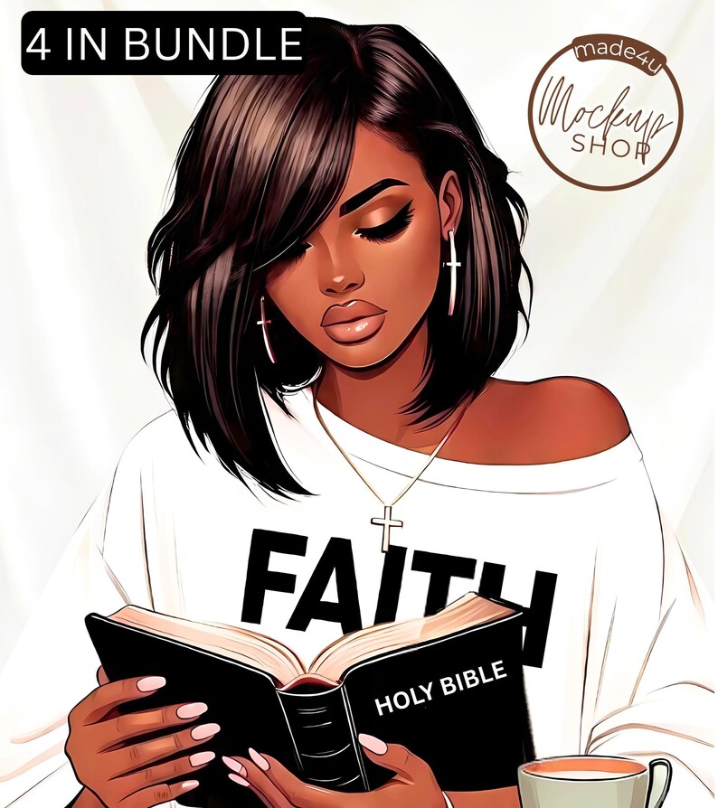May include: Digital illustration of a woman with dark hair wearing a white shirt with the word "FAITH" printed on it. She is holding a book labeled "HOLY BIBLE" and wearing a cross necklace and earrings. The image includes the text "4 IN BUNDLE".
