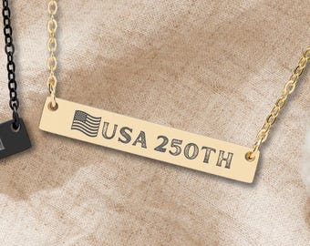 USA 250th Vertical Bar Necklace, Independence Anniversary Gift, Semiquincentennial Engraved 4th of July Patriotic Gift