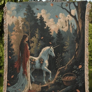 Medieval Unicorn Woven Tapestry Blanket, Cottagecore Magic Fairytale Decor, Enchanted Unicorn Lover Gift, Fantasy-Inspired Knightcore