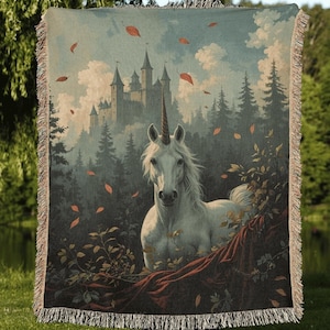 Medieval Unicorn Woven Tapestry Blanket, Horse Cottagecore Fairytale Decor, Enchanted Unicorn Lover Gift, Fantasy-Inspired Knightcore