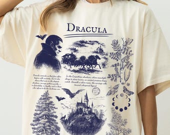 Retro Dracula Vampire Comfort Colors  Shirt, Gothic Literature T-Shirt with Bats Dark Academia Book Lover Halloween Spooky Autumn Season Top