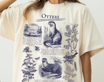 Retro Otter Comfort Colors T-shirt, Floral Cottagecore Shirt, Otter Lovers Gift, Y2K Aesthetic Woodland Biology Illustrated Otters Nature