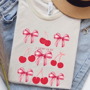 Coquette Cherry Bow T-Shirt, Retro Cherry Tee, Valentine Bow Shirt, Coquette Gift Shirt, Sweet Cherries T-Shirt, Sister Gift Idea