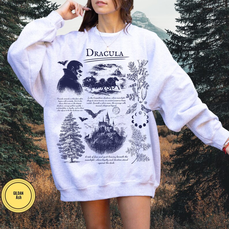 Retro Dracula Vampire Comfort Colors Shirt, Gothic Literature T-Shirt with Bats Dark Academia Book Lover Halloween Spooky Autumn Season Top afbeelding 3