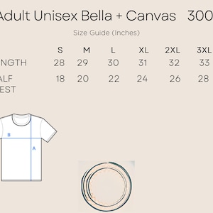 May include: Size chart for Bella + Canvas 3001 unisex t-shirts, showing measurements in inches for length and half chest, for sizes S through 3XL.