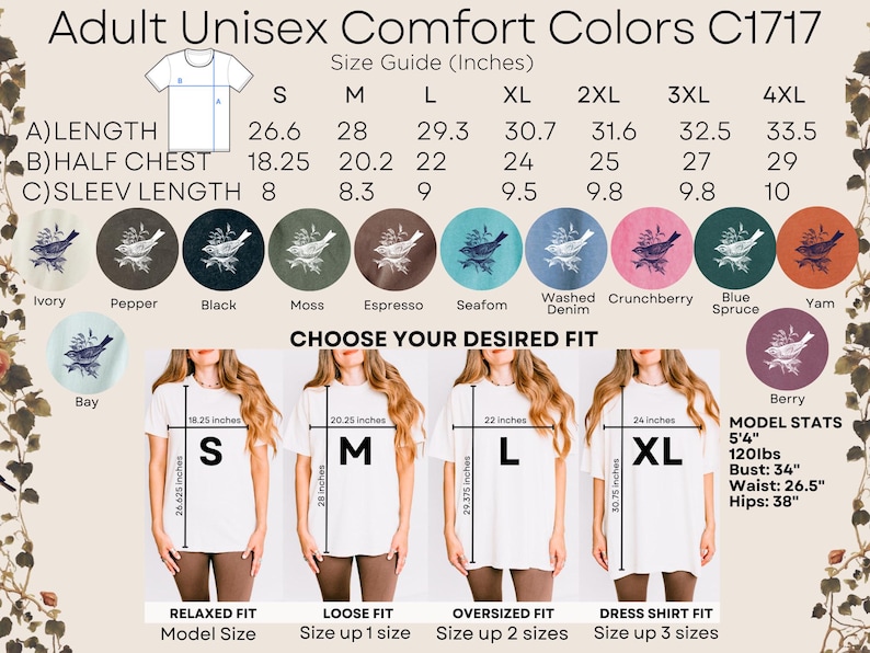 Op de afbeelding: Adult Unisex Comfort Colors C1717 t-shirts in diverse kleuren, waaronder ivoor, zwart en denim. De afbeelding toont een maattabel met afmetingen in inches en modelstatistieken. Kies je gewenste pasvorm.