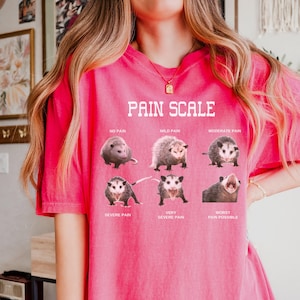 May include: A pink t-shirt with a graphic of a pain scale featuring opossums. The scale ranges from "No Pain" to "Worst Pain Possible".